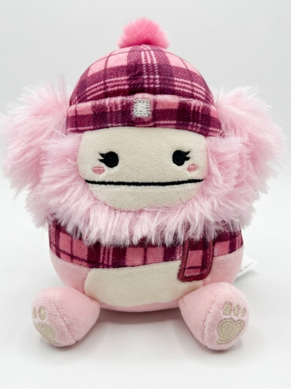 Squishmallow BRINA Bigfoot Pink Plaid Holiday Hat Scarf 2023 Plus-RARE